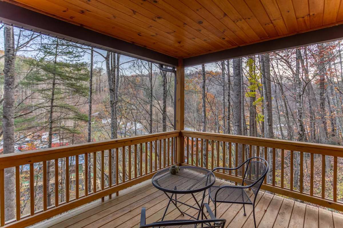 This image displays a small, peaceful outdoor deck framed by a wooden railing, with two chairs and a round table set amidst lush surrounding trees. The setting overlooks nature, inviting quiet contemplation or birdwatching from the comfort of home.