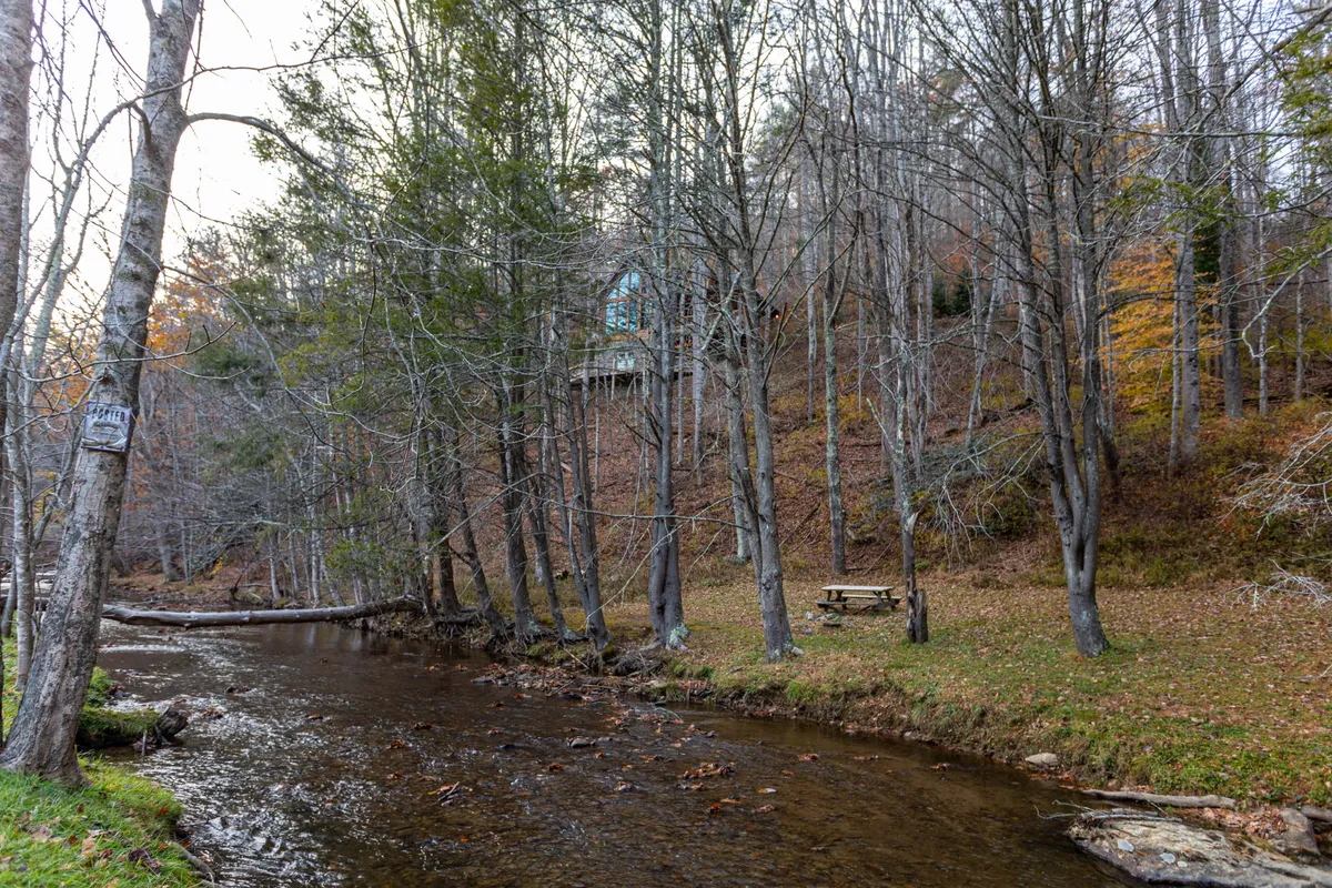A peaceful, shaded picnic area beside a gentle stream, featuring a wooden picnic table nestled among trees. The stream winds past with a view of a house set on a distant hill, and the area is surrounded by lush greenery, creating an inviting spot for outdoor activities.